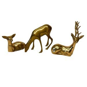 Vintage Solid Brass Deer Figurine Trio MCM Mid Century Holiday Christmas Decor